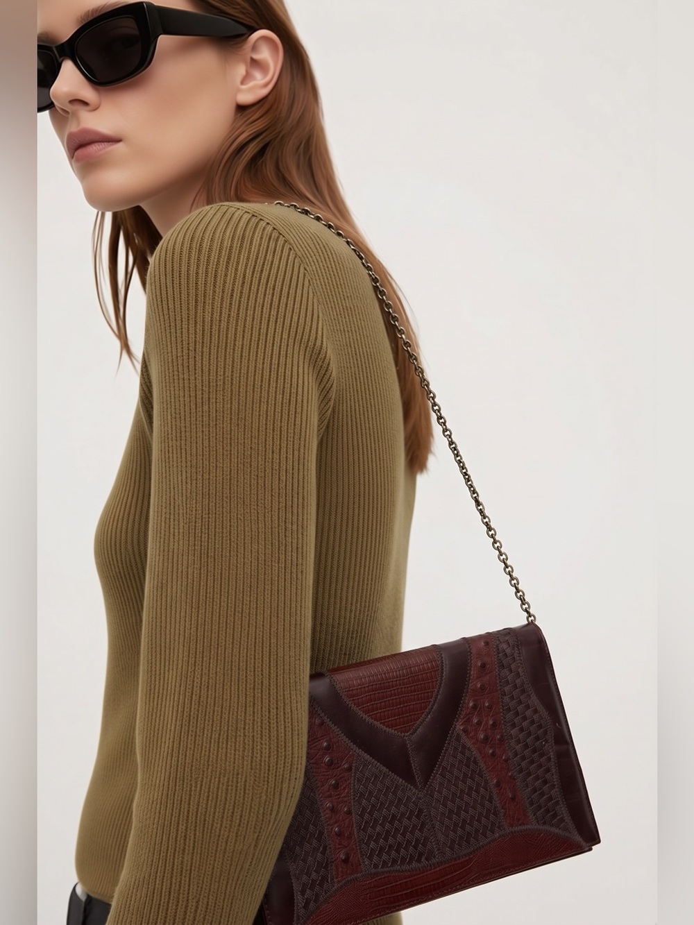 Structured Woven Leather Shoulder Bag in Deep Burgundy
